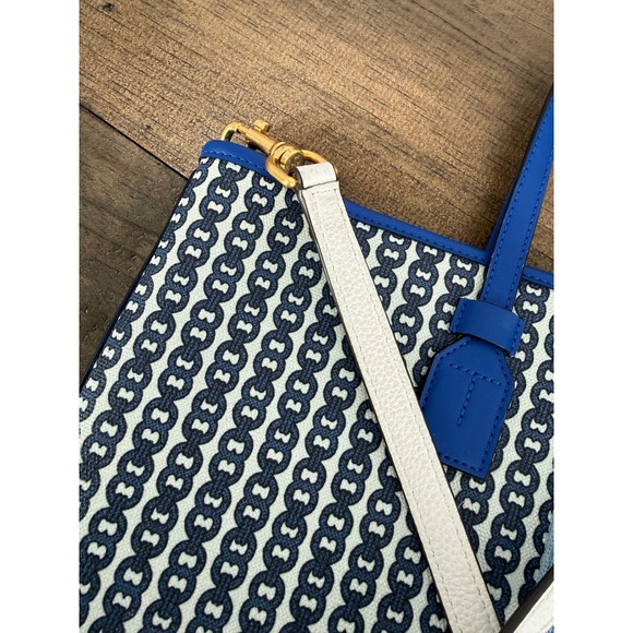 Tory Burch Gemini Link Small Tote Blue Coated Canvas Crossbody Bag Purse Carryon - Picture 15 of 16